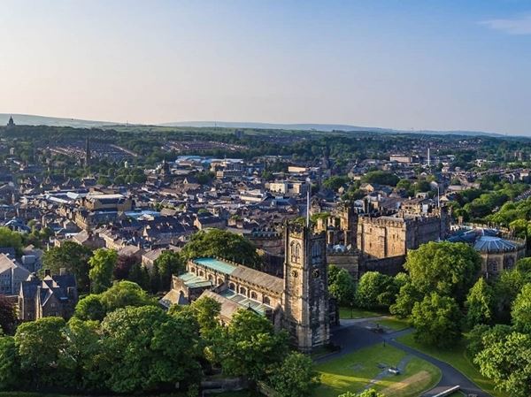 An aerial view of Quay Meadow and Lancaster Castle